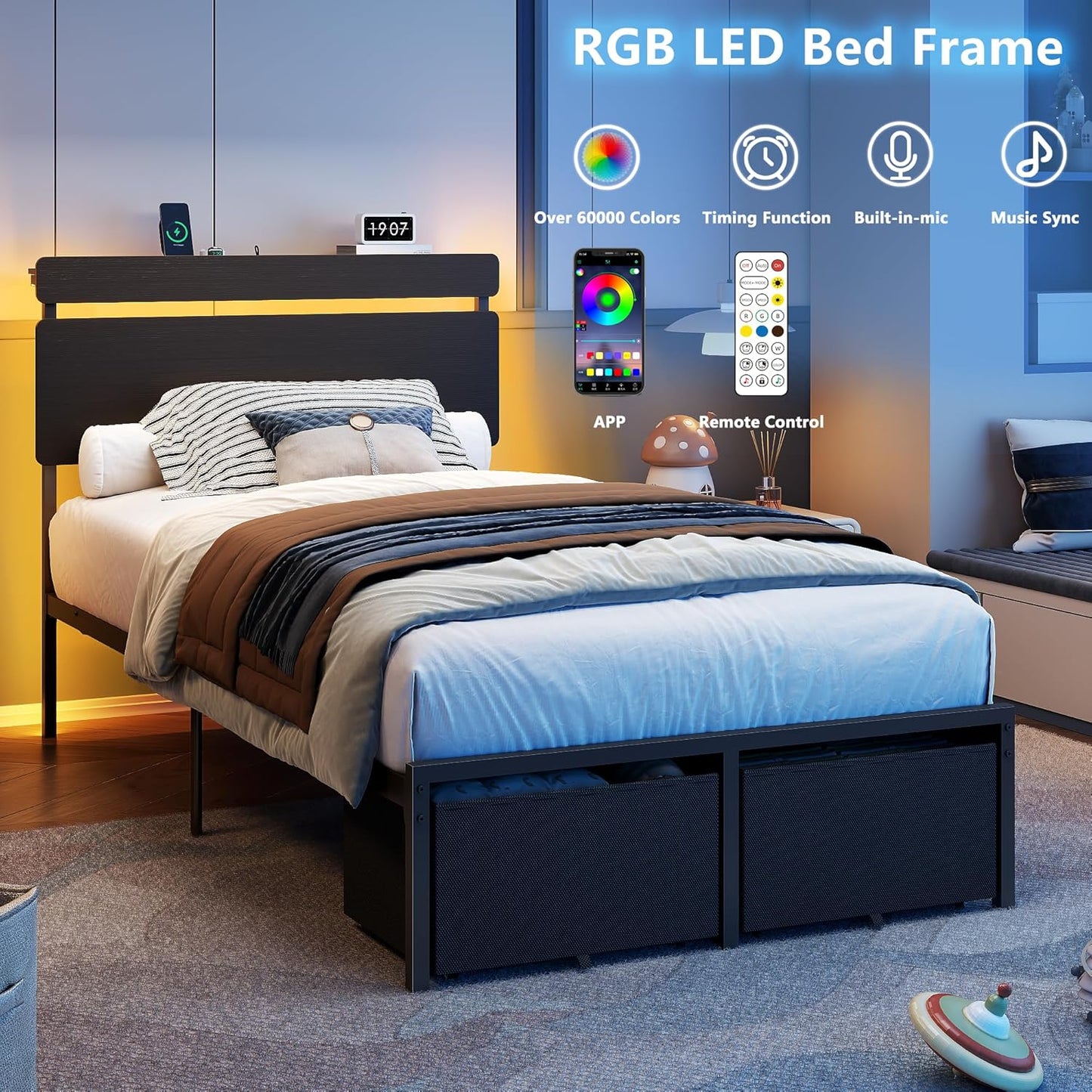 Twin Bed Frames with 2 Storage Drawers, Wood Headboard with LED Lights & Charging Station, Metal Platform Bed Frame, No Box Spring Needed, Noise Free, Black