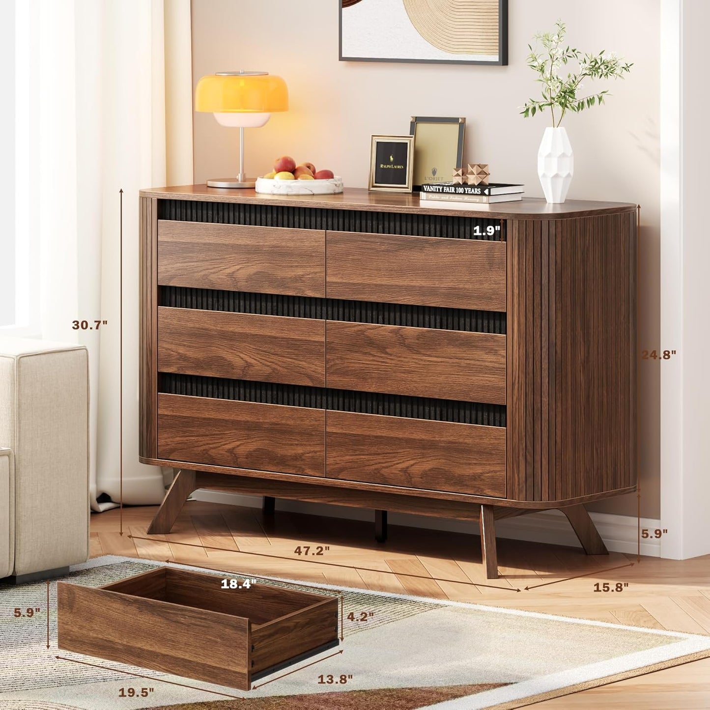 OURPIC 6 Drawer Dresser for Bedroom,Mid-Century Walnut Chest of Drawers 47 inch Long,Wooden Bedroom Dressers TV Stand, Curved Edge Design for Living Room, Hallway