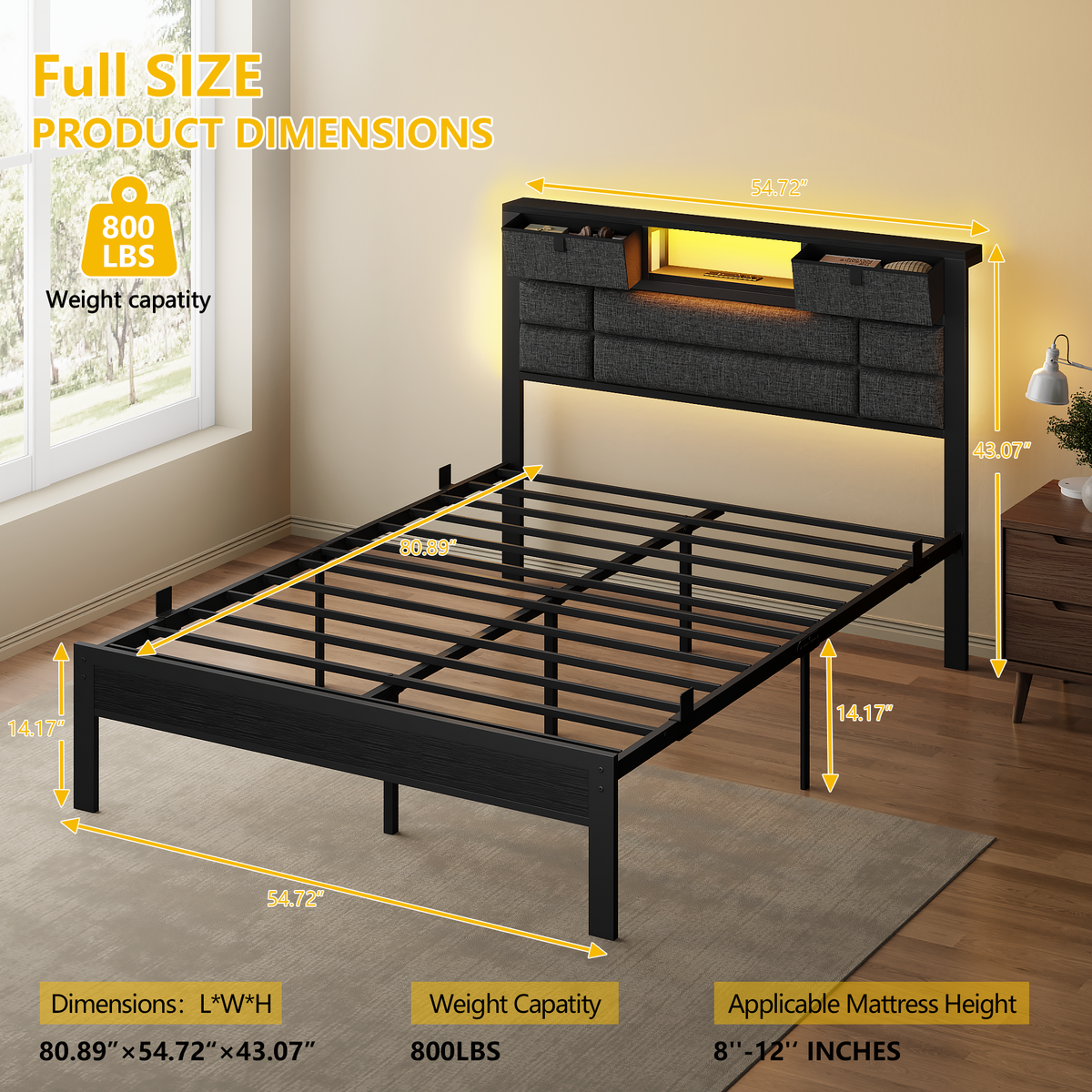 Full Size Bed Frame with Storage Headboard, Black Platform Bedframe