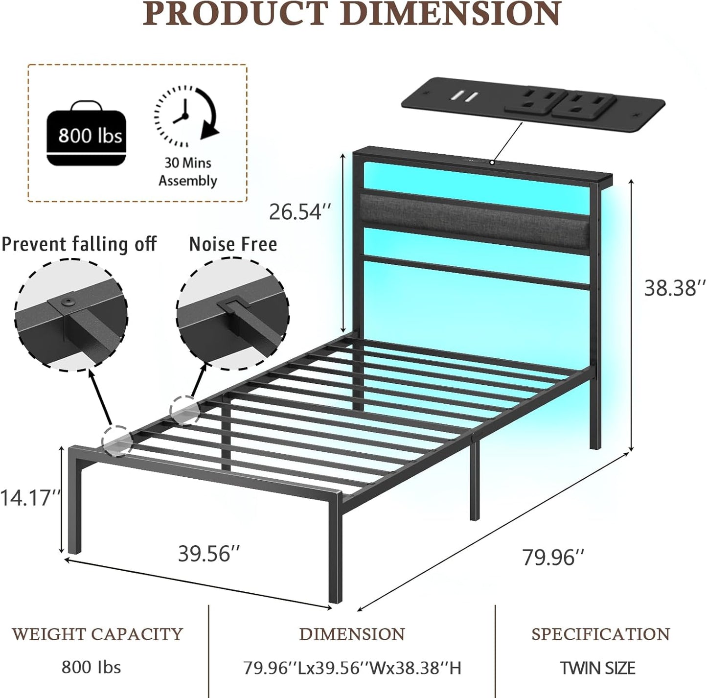 Twin Bed Frames for Kids, Metal Platform Bed Frame Twin Size with Upholstered Headboard, Wood Storage Shelf, Charging Station and LED Lights, No Box Spring Needed, Black Camas