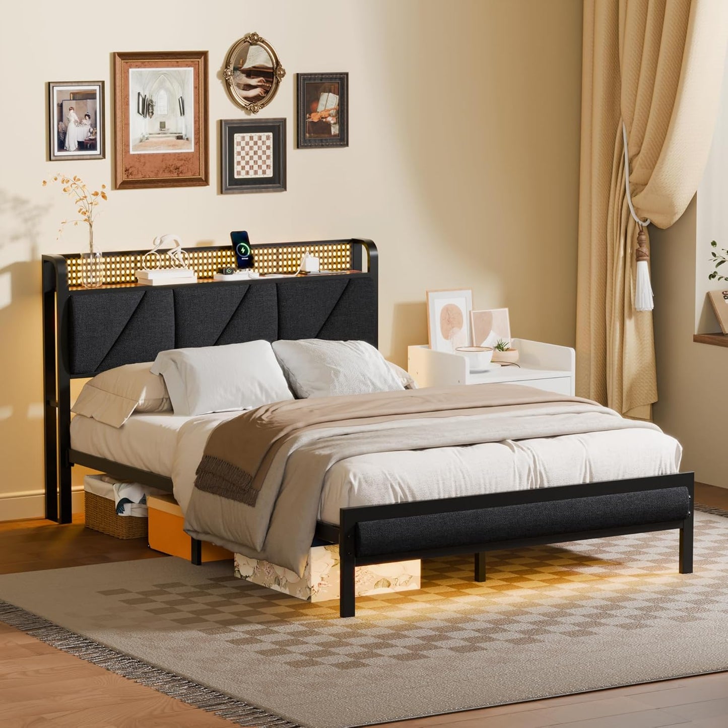 Full Size Bed with Headboard and Storage Shelf, LED Light and Charging Station, Metal Platform Bed with Heavy Duty Slats, No Box Spring Needed, Noise Free