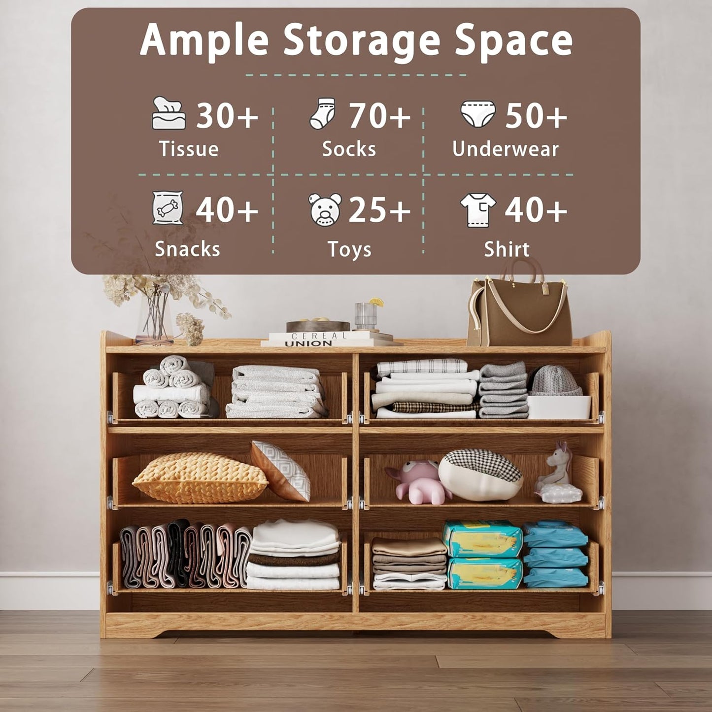 OURPIC 6 Drawers Dresser for Bedroom, Modern Fluted Chest of Drawers with TV Stand Function, 47" Wide Natural Oak Wooden Organizer for Small Spaces, Sturdy Base