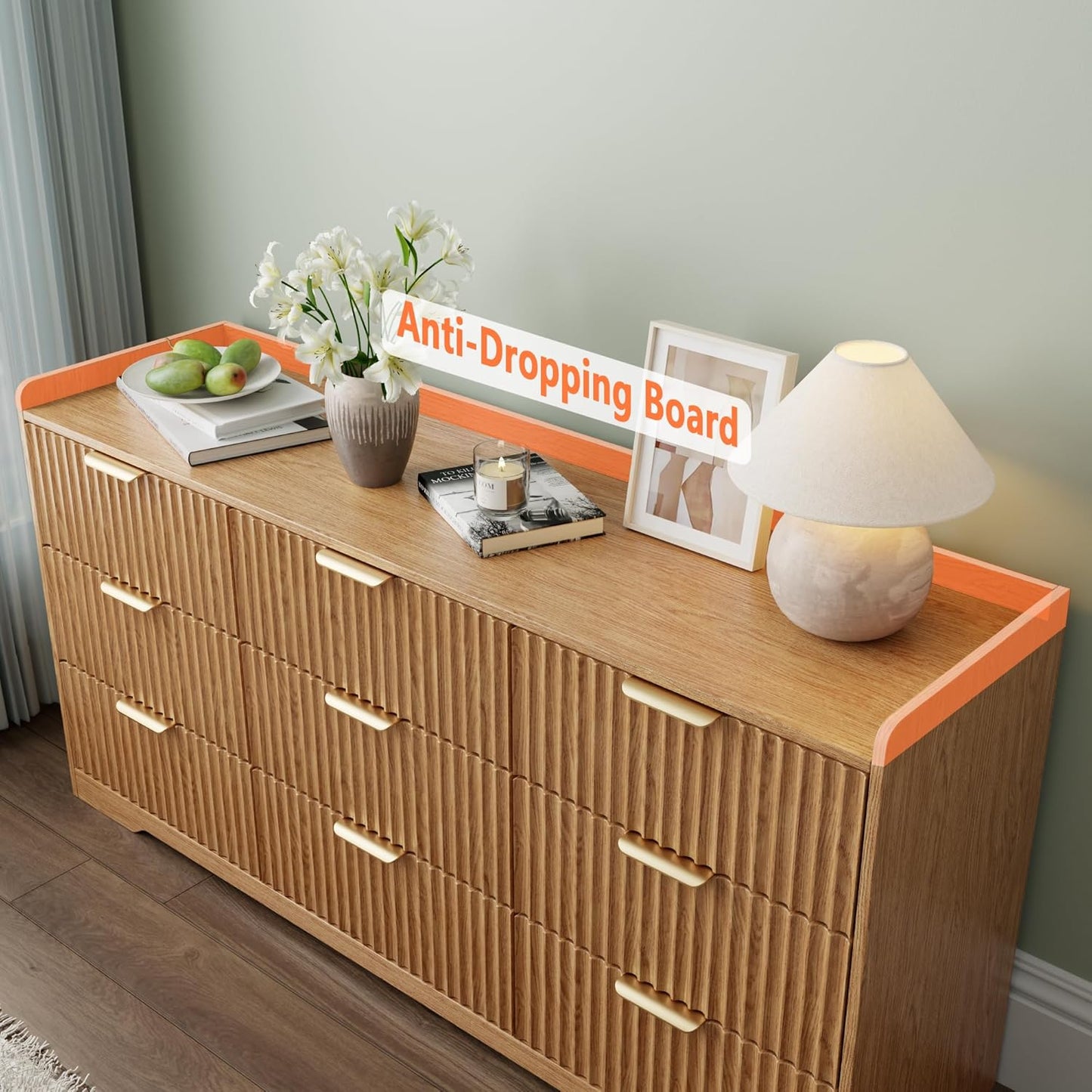 OURPIC 9 Drawers Fluted Dresser for Bedroom, 57" Wide Modern Chest of Drawers with Metal Handle, Wooden Dresser TV Stand, Wood Closet Clothes Storage Organizer for Living Room, Hallway, Natural Oak