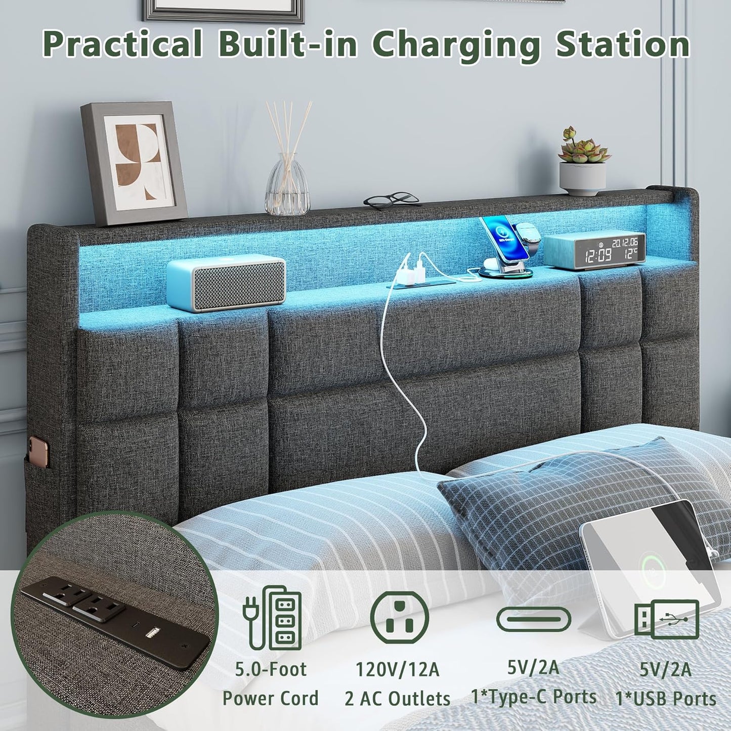 Queen Bed Frame with 4 Storage Drawers & Headboard, Upholstered Platform Bed Frame Queen Size with Charging Station & LED Lights, No Box Spring Needed, Metal Slats Support, Noise Free, Grey
