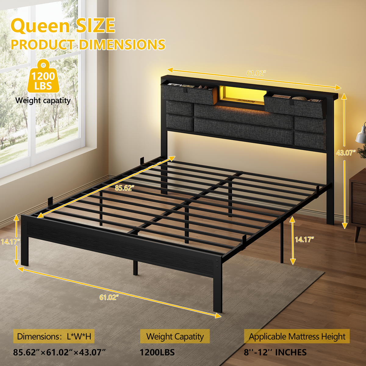 Queen Bed Frame with Storage Headboard, Black Platform Bedframe