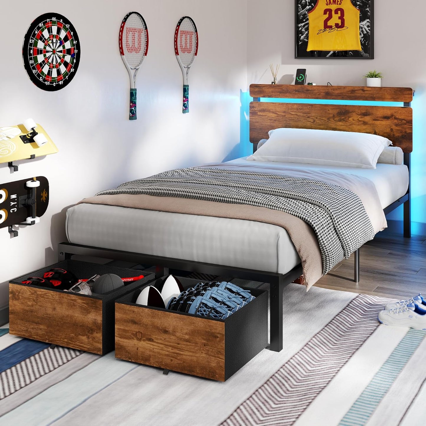 Twin Bed Frames with 2 Storage Drawers, Wood Headboard with LED Lights & Charging Station, Metal Platform Bed Frame, No Box Spring Needed, Noise Free, Vintage Brown