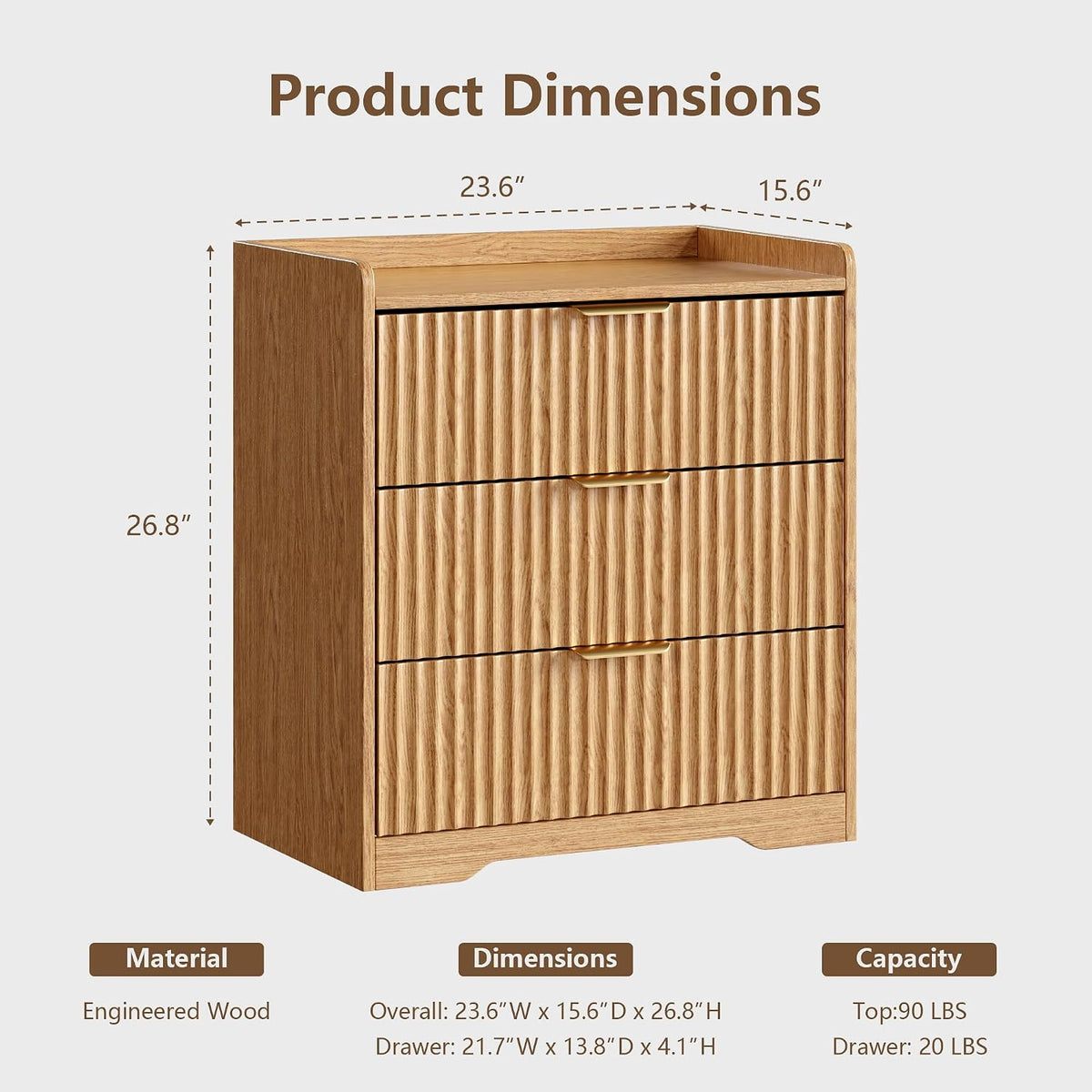 Fluted 3 Drawer Bedroom Dressers Set of 2, 24"W x 26"H, Natural Oak | Wooden chests of drawers with metal handles, smooth-gliding drawers, anti-drop panels and anti-tip kits for living room