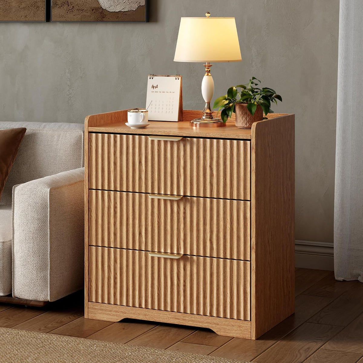 Fluted 3 Drawer Bedroom Dressers Set of 2, 24"W x 26"H, Natural Oak | Wooden chests of drawers with metal handles, smooth-gliding drawers, anti-drop panels and anti-tip kits for living room