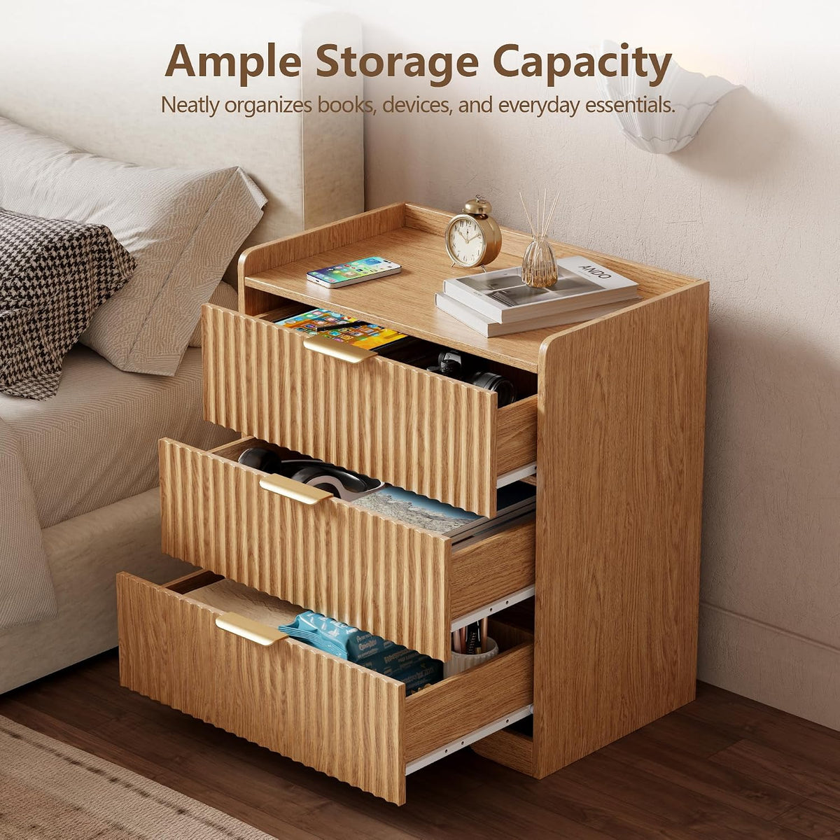 Fluted 3 Drawer Bedroom Dressers Set of 2, 24"W x 26"H, Natural Oak | Wooden chests of drawers with metal handles, smooth-gliding drawers, anti-drop panels and anti-tip kits for living room