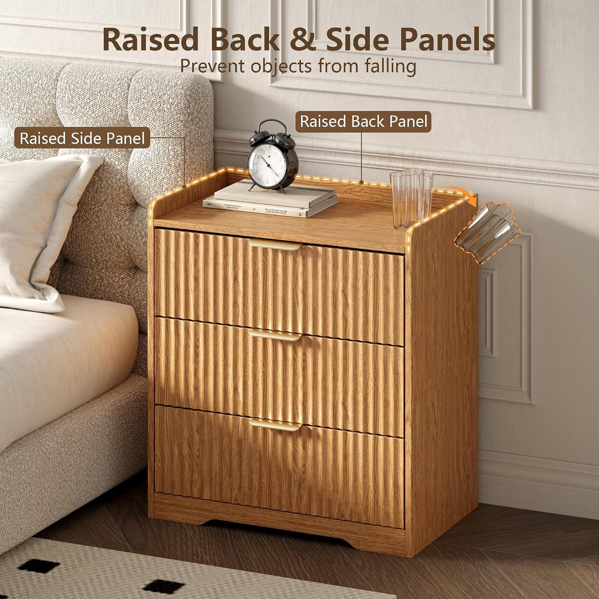 Fluted 3 Drawer Bedroom Dressers Set of 2, 24"W x 26"H, Natural Oak | Wooden chests of drawers with metal handles, smooth-gliding drawers, anti-drop panels and anti-tip kits for living room