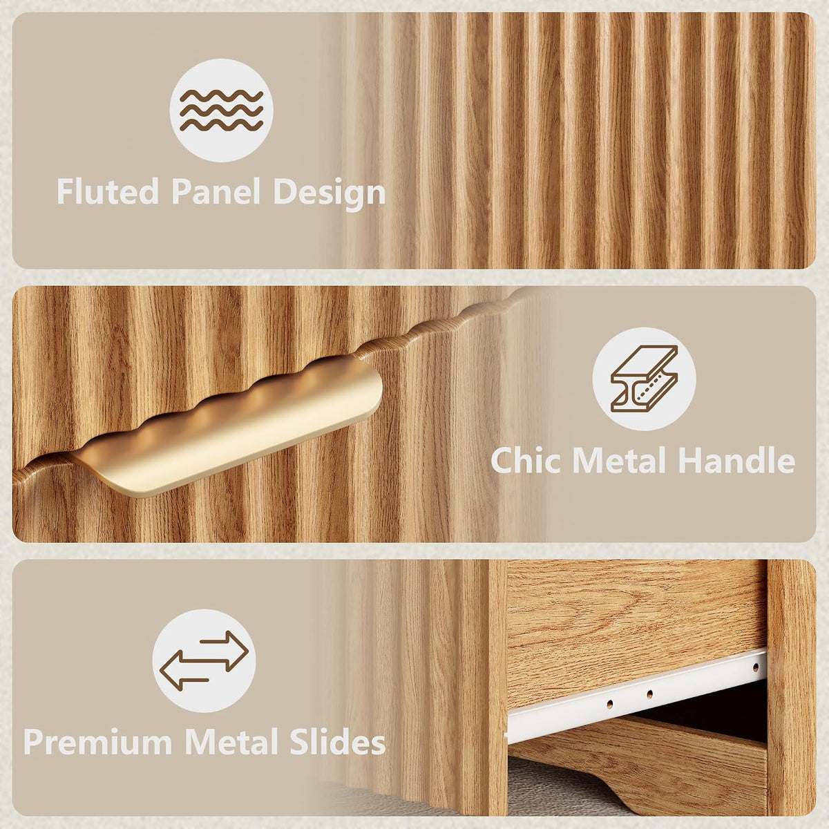 Fluted 3 Drawer Bedroom Dressers Set of 2, 24"W x 26"H, Natural Oak | Wooden chests of drawers with metal handles, smooth-gliding drawers, anti-drop panels and anti-tip kits for living room