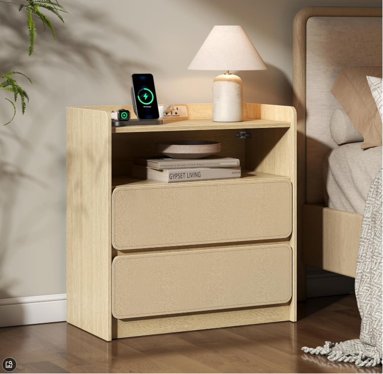 Night Stand with Charging Station, 24" Wide Nightstand with 2 Leather-Faced Drawers, Wood Bedside Table with Storage Open Shelf, Modern Night Table for Bedroom, Natural Oak