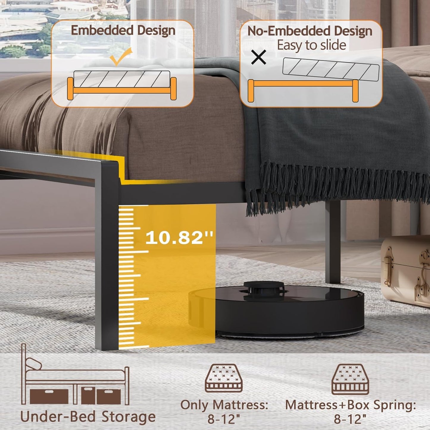Twin Bed Frames for Kids, Metal Platform Bed Frame Twin Size with Upholstered Headboard, Wood Storage Shelf, Charging Station and LED Lights, No Box Spring Needed, Black Camas