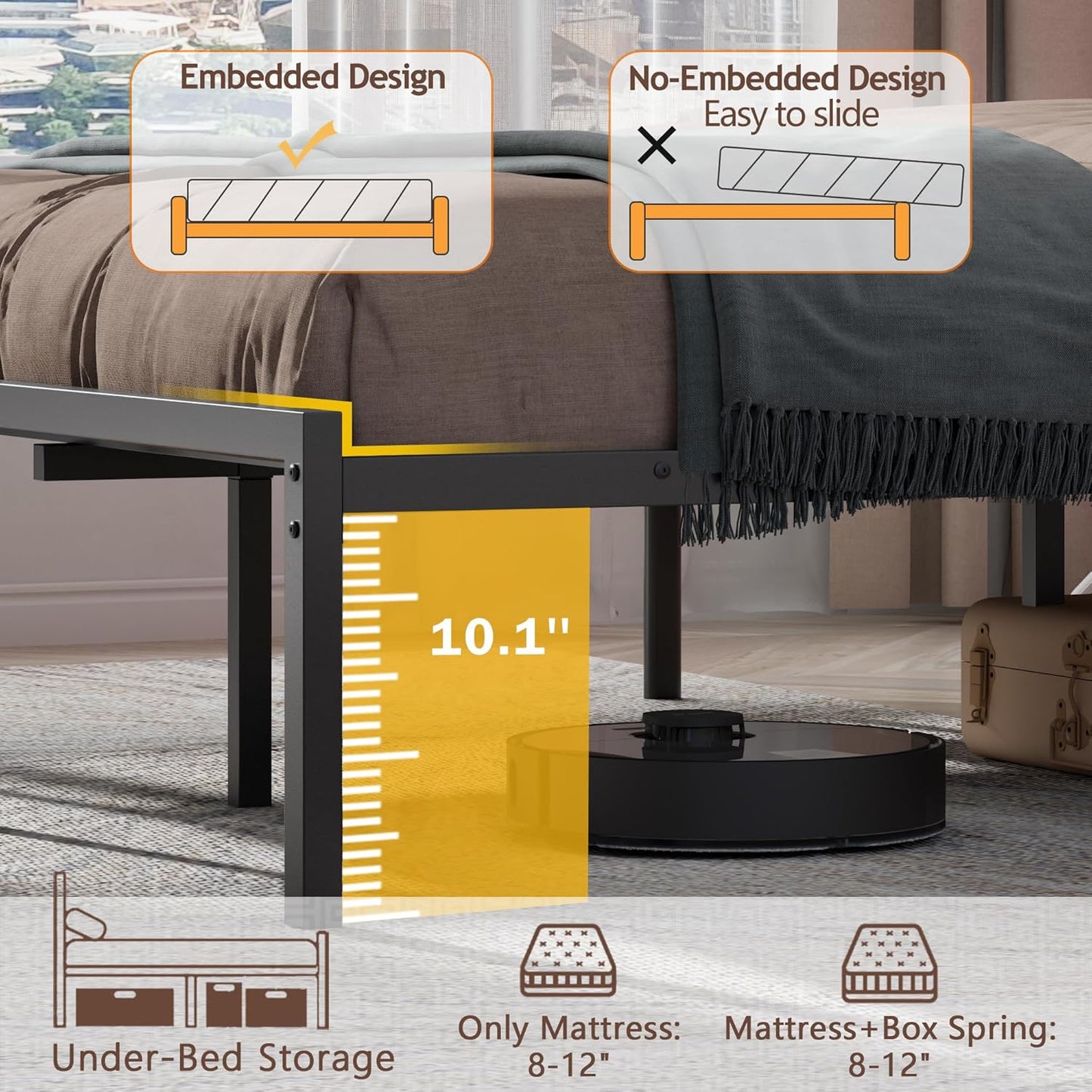 Queen Bed Frame with Led Lights and Charging Station, Bed Queen Size Frame with Headboard and Under Bed Storage, Black Metal Platform Bedframe and Storage Shelf, Easy Install