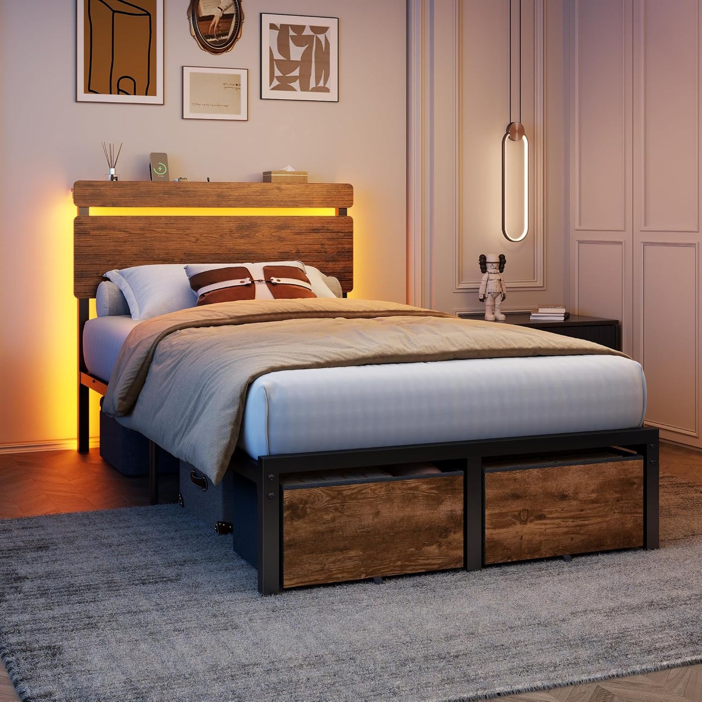 Twin Bed Frames with 2 Storage Drawers, Wood Headboard with LED Lights & Charging Station, Metal Platform Bed Frame, No Box Spring Needed, Noise Free, Vintage Brown