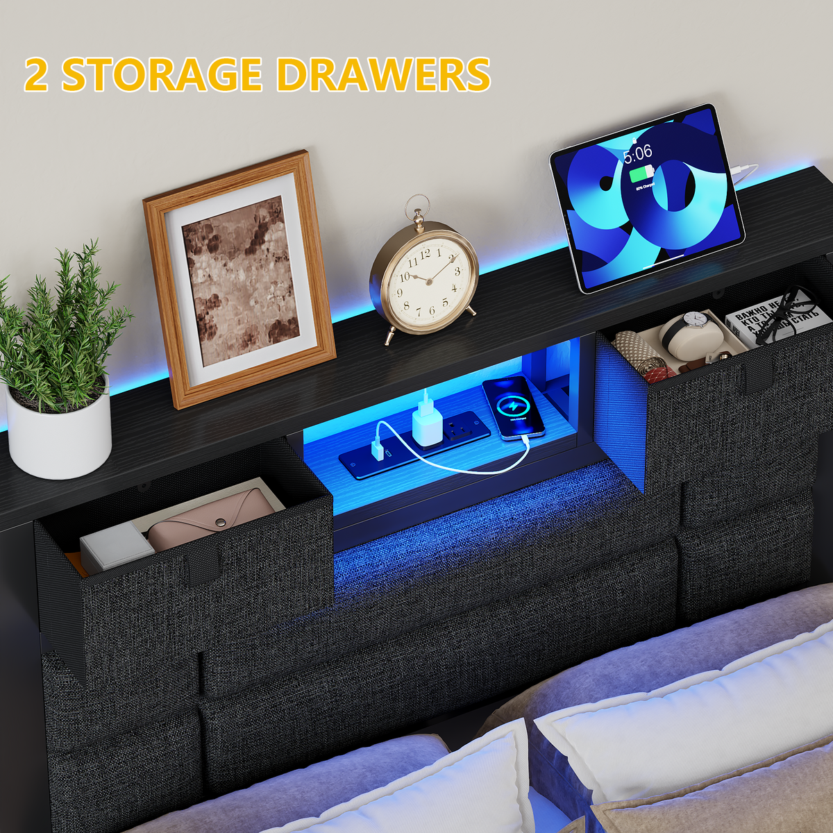 Twin Bed Frame with Storage Headboard, Black Platform Bedframe