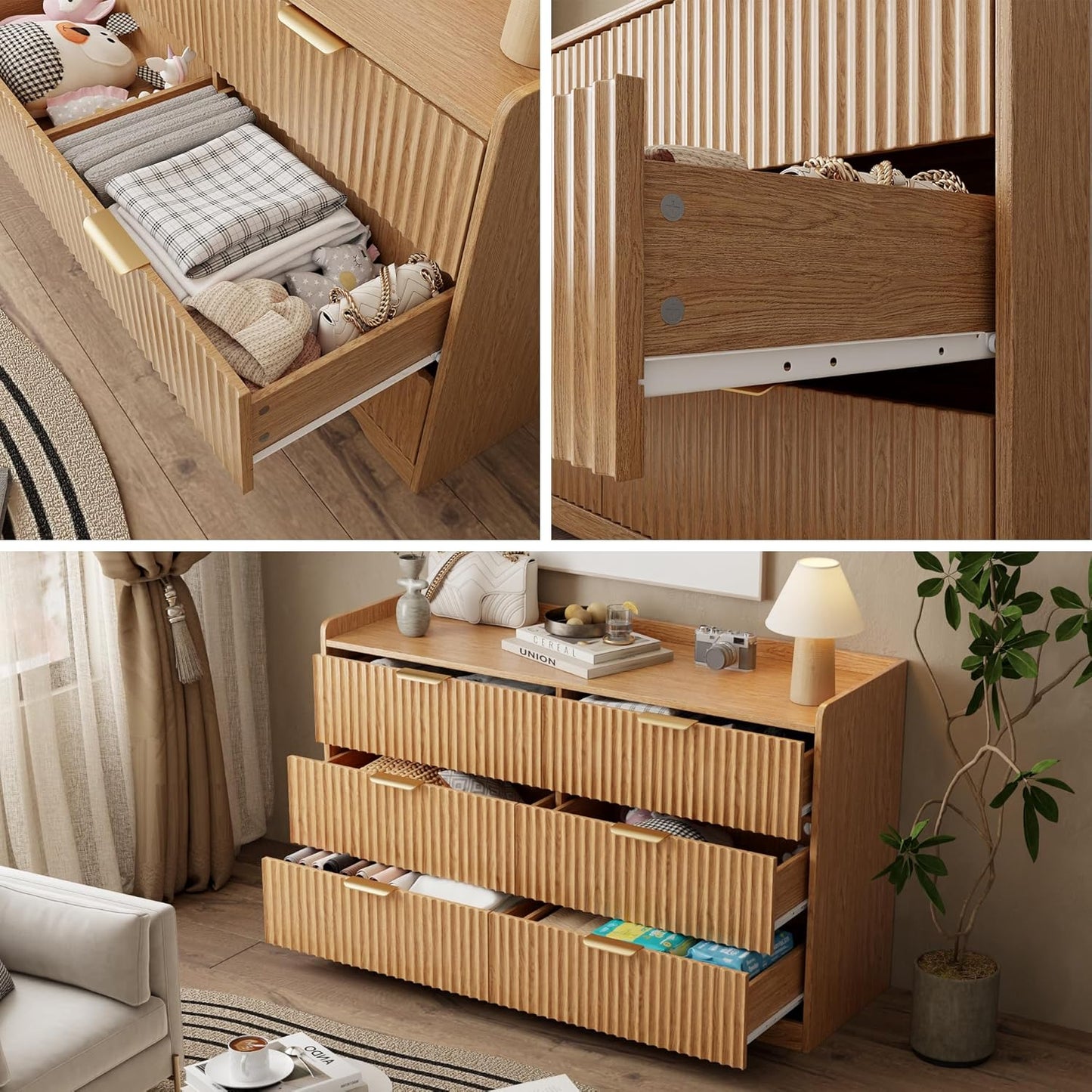 OURPIC 6 Drawers Dresser for Bedroom, Modern Fluted Chest of Drawers with TV Stand Function, 47" Wide Natural Oak Wooden Organizer for Small Spaces, Sturdy Base