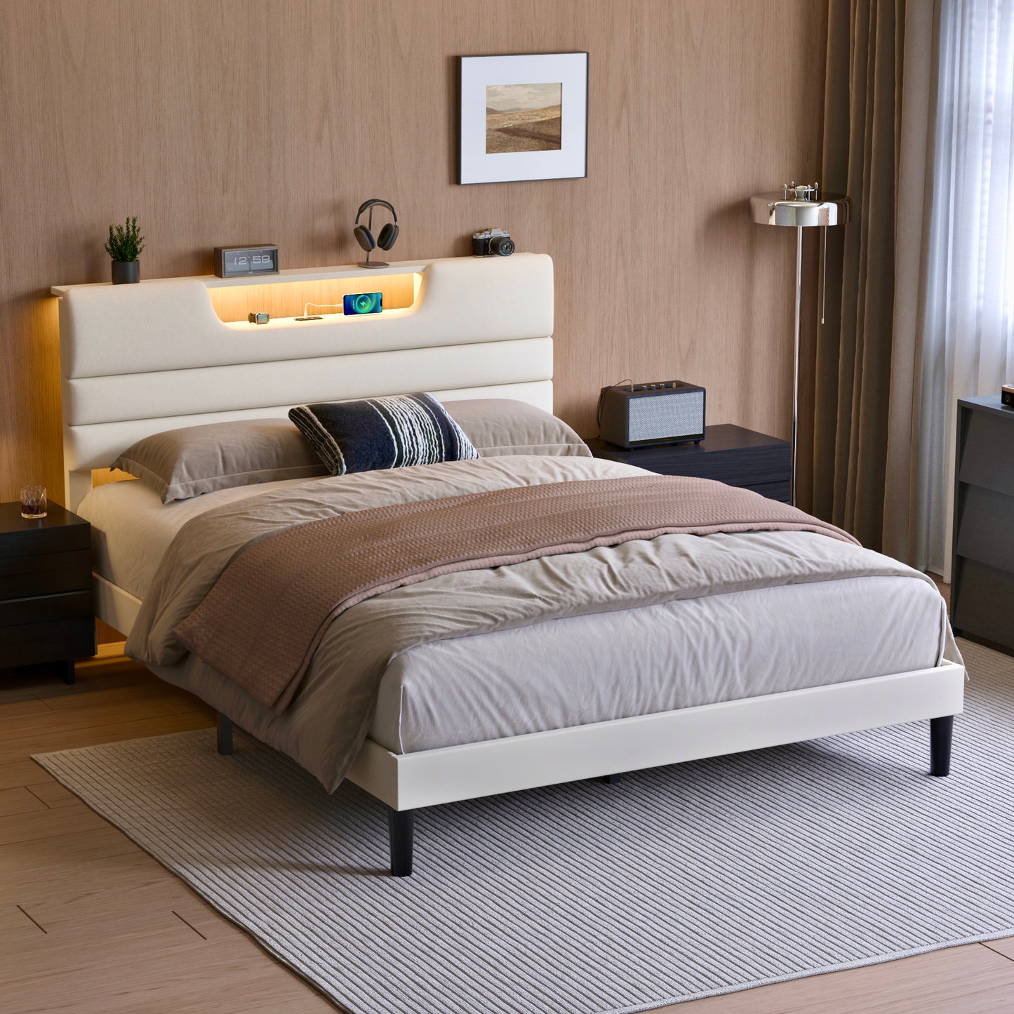 Queen Bed Frame with Adjustable Headboard, Upholstered Platform Bed with Charging Station and Led Lights, Sturdy Wooden Slats, No Box Spring Needed, 2-Tier Storage, Easy Assembly, Beige