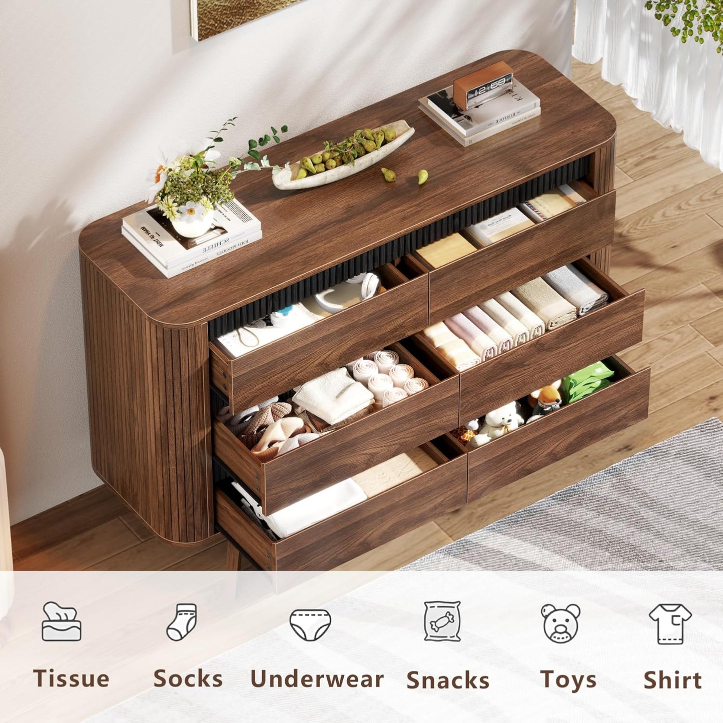 OURPIC 6 Drawer Dresser for Bedroom,Mid-Century Walnut Chest of Drawers 47 inch Long,Wooden Bedroom Dressers TV Stand, Curved Edge Design for Living Room, Hallway