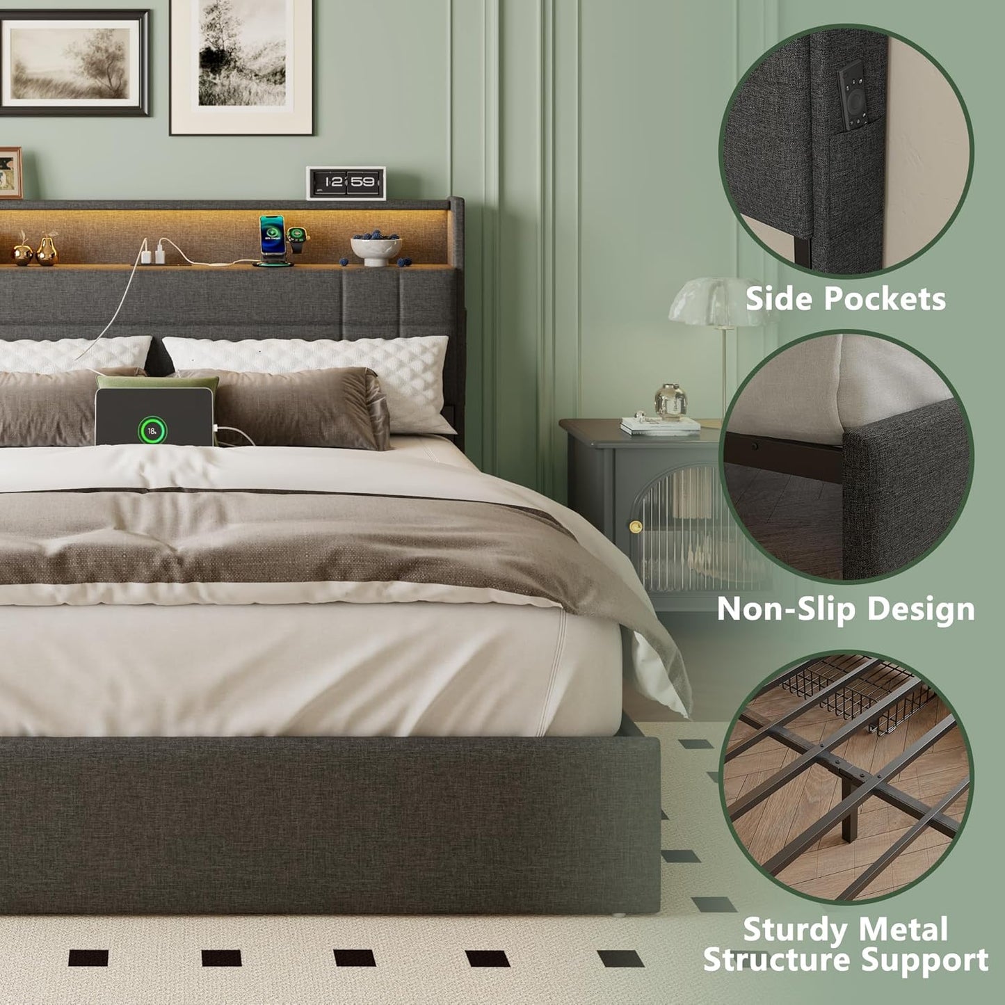 Queen Bed Frame with 4 Storage Drawers & Headboard, Upholstered Platform Bed Frame Queen Size with Charging Station & LED Lights, No Box Spring Needed, Metal Slats Support, Noise Free, Grey