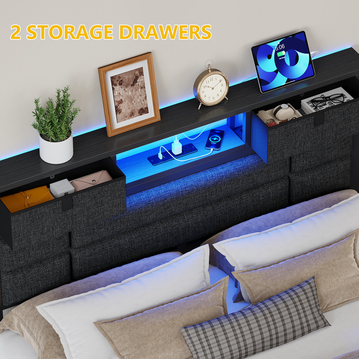 Full Size Bed Frame with Storage Headboard, Black Platform Bedframe