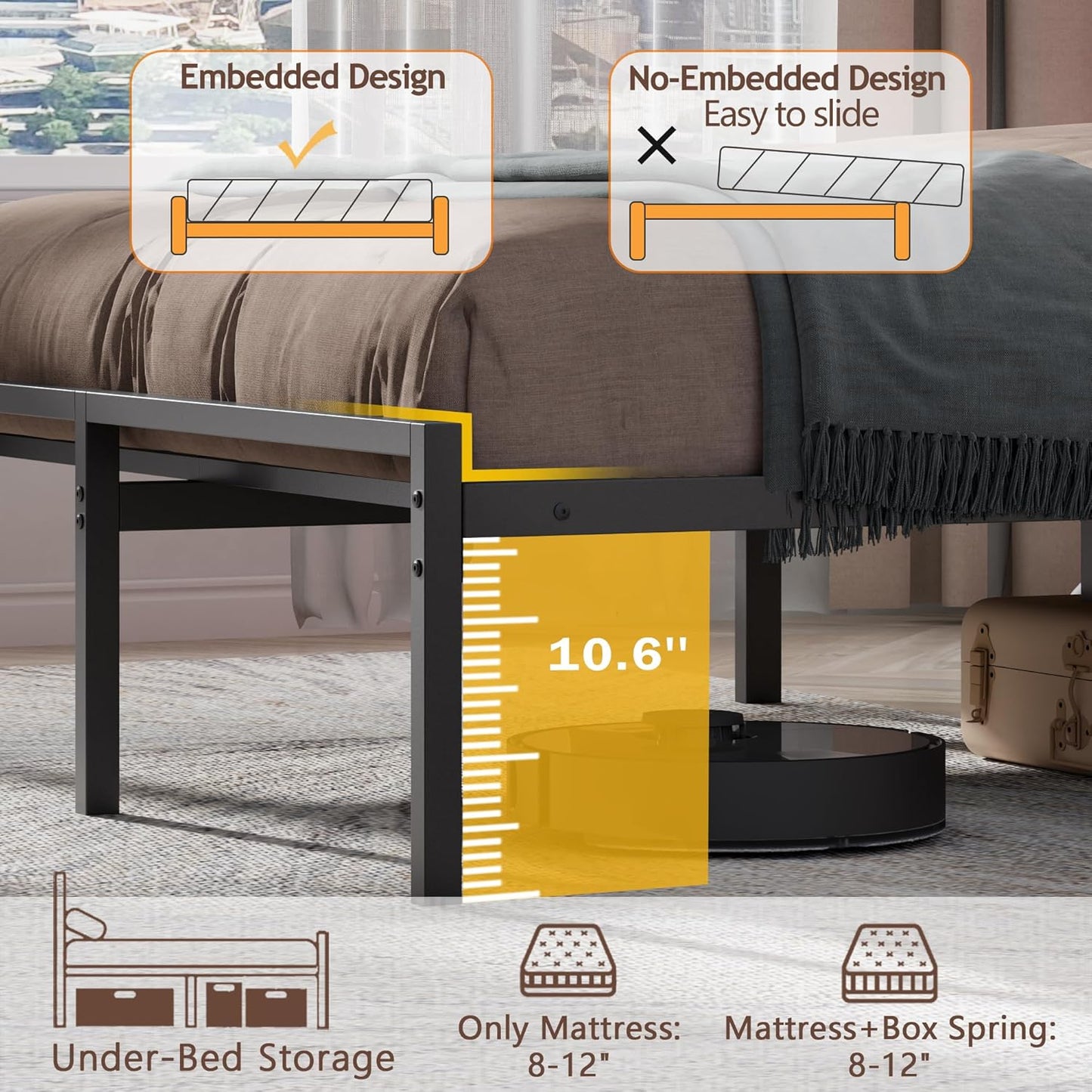 Full Size Bed Frame with Headboard, Bed Frame Full Size with LED Light and Charging Station, Black Double Metal Bedframe and Storage Shelf, No Box Spring Needed, Noise Free