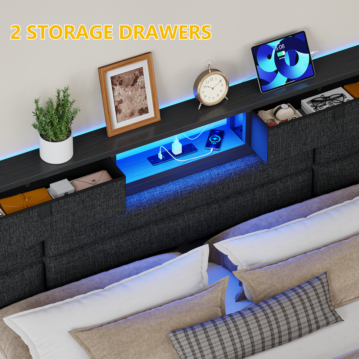 Queen Bed Frame with Storage Headboard, Black Platform Bedframe