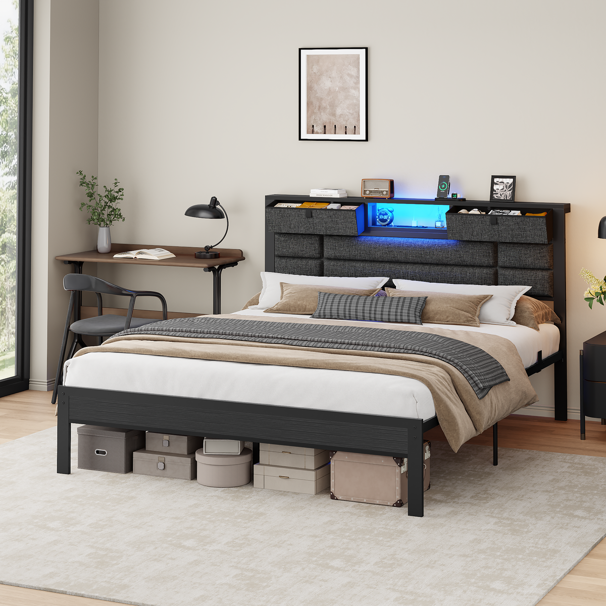 Queen Bed Frame with Storage Headboard, Black Platform Bedframe
