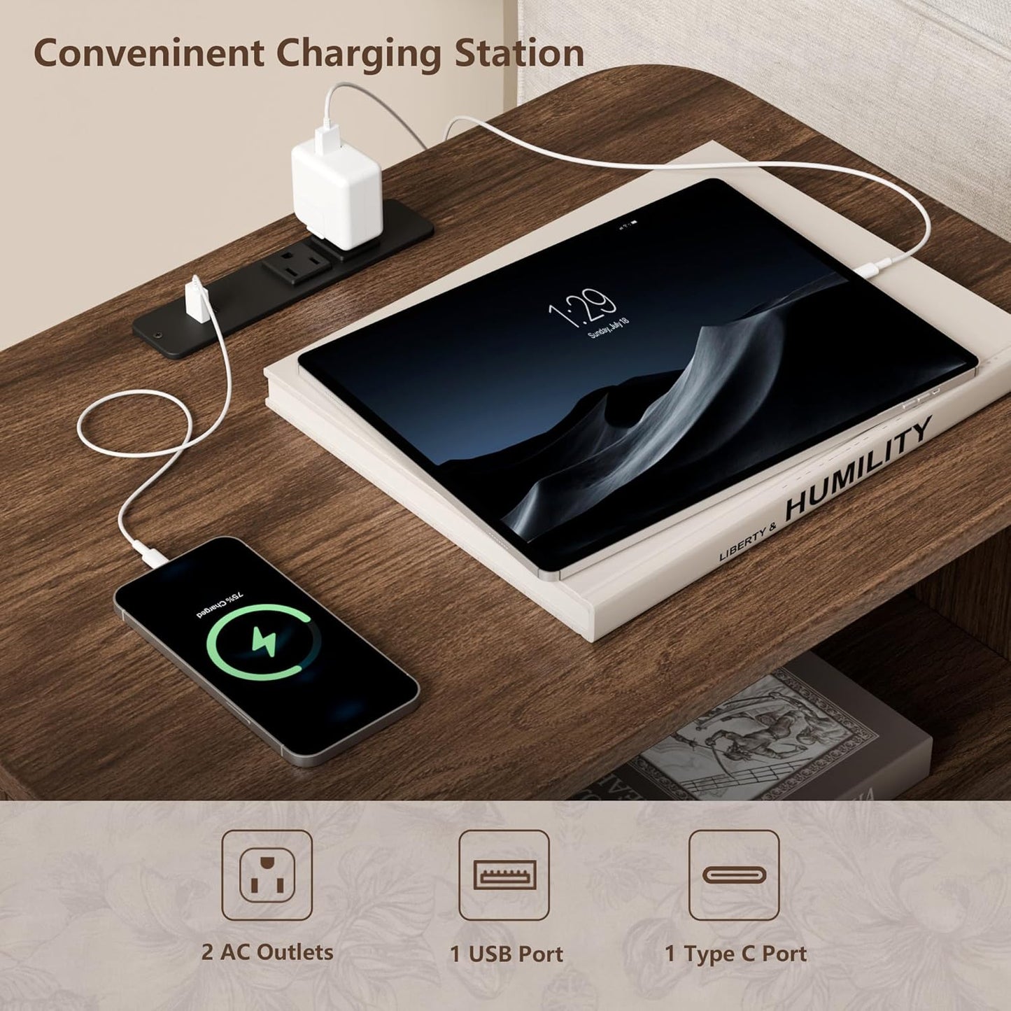 OURPIC Night Stand with Charging Station, Wood Bedside Table with 2 Drawers and Open Shelf, Walnut Nightstand and Rounded Tabletop for Bedroom,Entryway