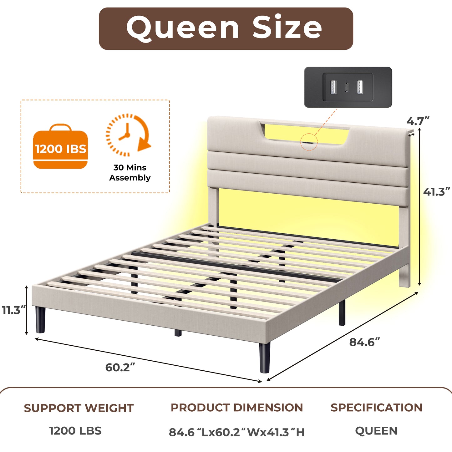 Queen Bed Frame with Adjustable Headboard, Upholstered Platform Bed with Charging Station and Led Lights, Sturdy Wooden Slats, No Box Spring Needed, 2-Tier Storage, Easy Assembly, Beige