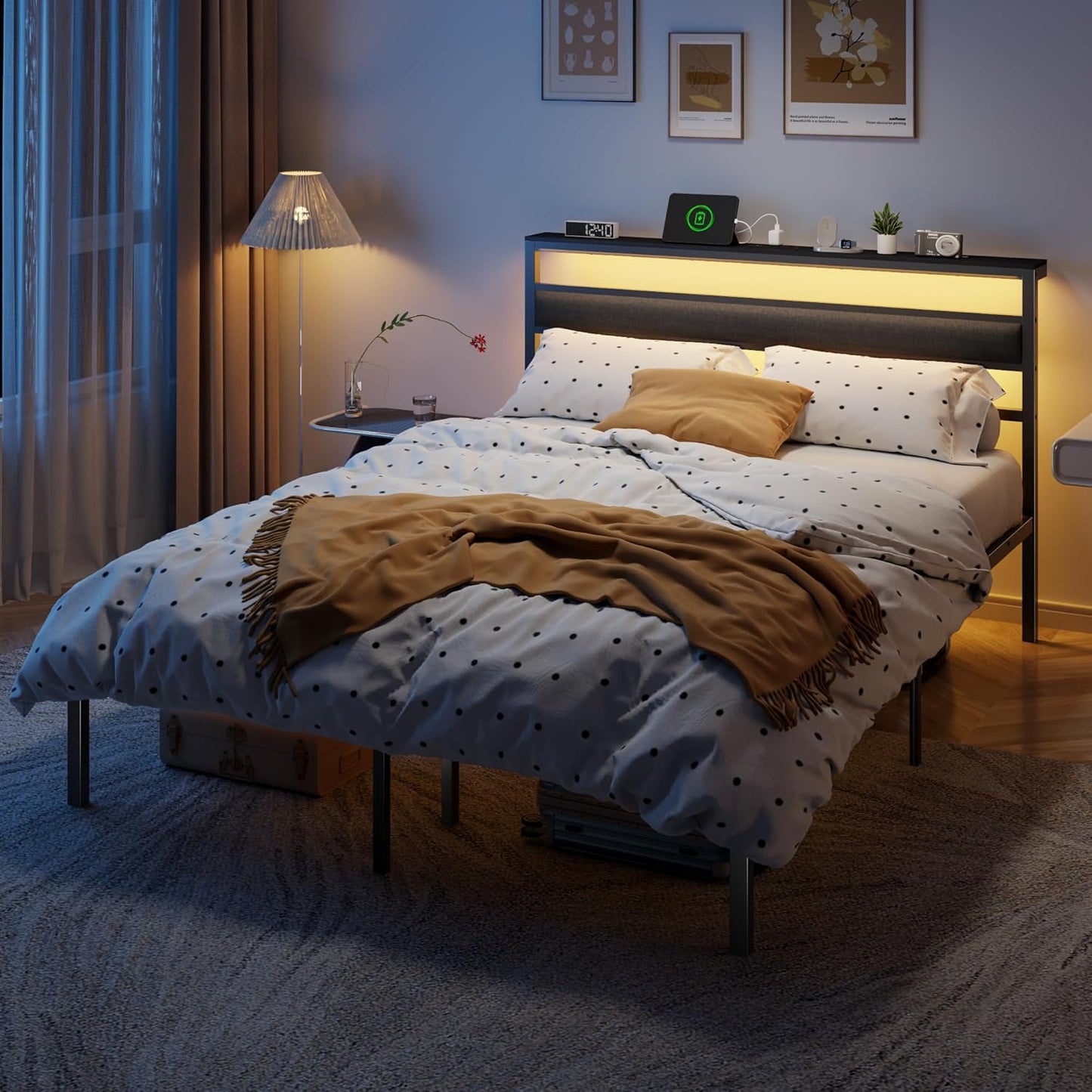 Queen Bed Frame with Led Lights and Charging Station, Bed Queen Size Frame with Headboard and Under Bed Storage, Black Metal Platform Bedframe and Storage Shelf, Easy Install