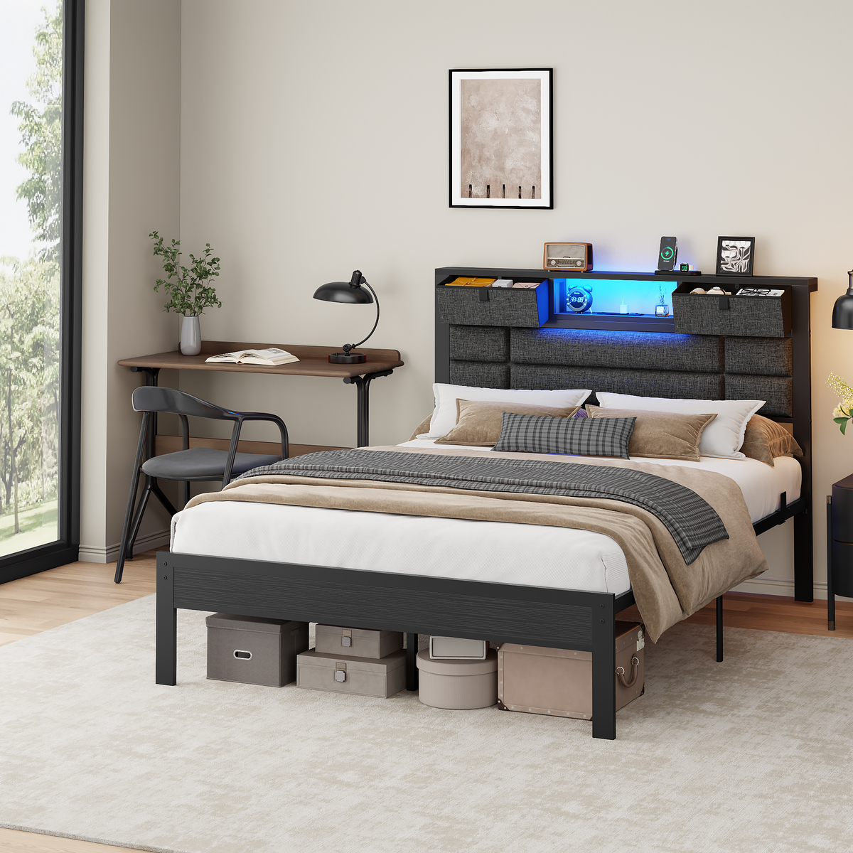 Full Size Bed Frame with Storage Headboard, Black Platform Bedframe
