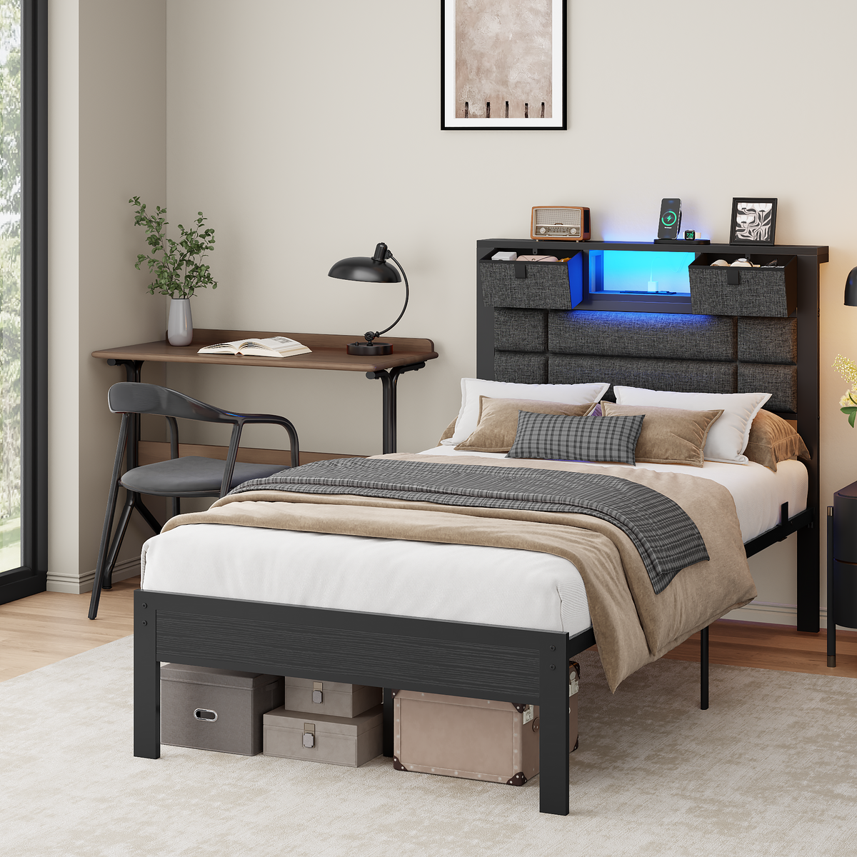 Twin Bed Frame with Storage Headboard, Black Platform Bedframe