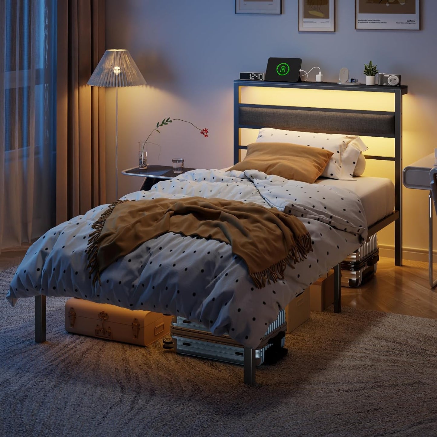 Twin Bed Frames for Kids, Metal Platform Bed Frame Twin Size with Upholstered Headboard, Wood Storage Shelf, Charging Station and LED Lights, No Box Spring Needed, Black Camas