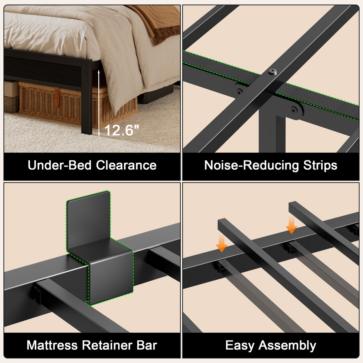 OURPIC Full Bed Frame with Upholstered Headboard & LED , Black Metal Integrated Bookshelf Headboard, Charging Ports, Upholstered Backrest, Under-Bed Storage, No Box Spring Needed