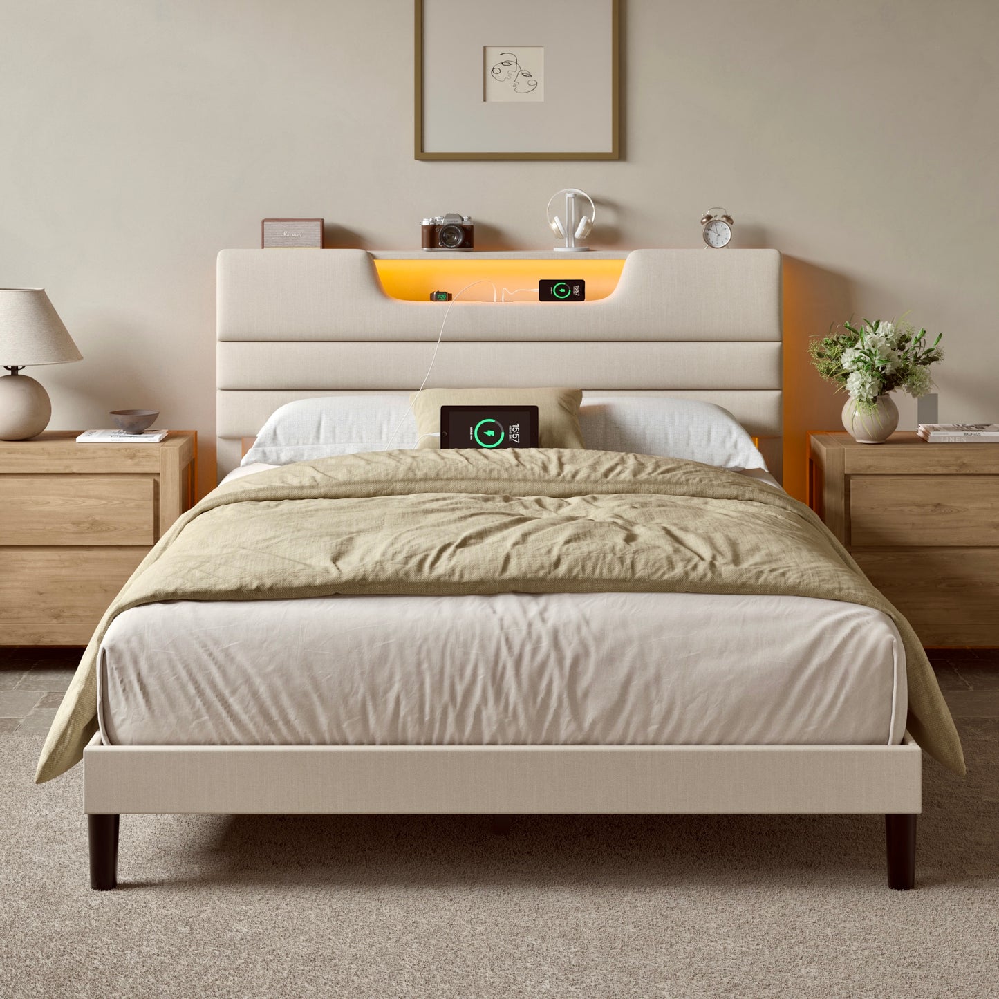Queen Bed Frame with Adjustable Headboard, Upholstered Platform Bed with Charging Station and Led Lights, Sturdy Wooden Slats, No Box Spring Needed, 2-Tier Storage, Easy Assembly, Beige