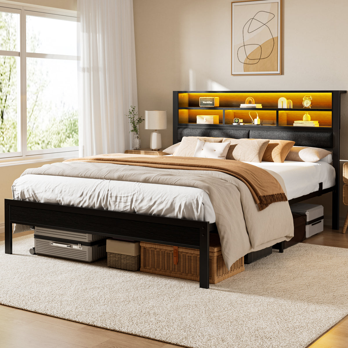 OURPIC Full Bed Frame with Upholstered Headboard & LED , Black Metal Integrated Bookshelf Headboard, Charging Ports, Upholstered Backrest, Under-Bed Storage, No Box Spring Needed