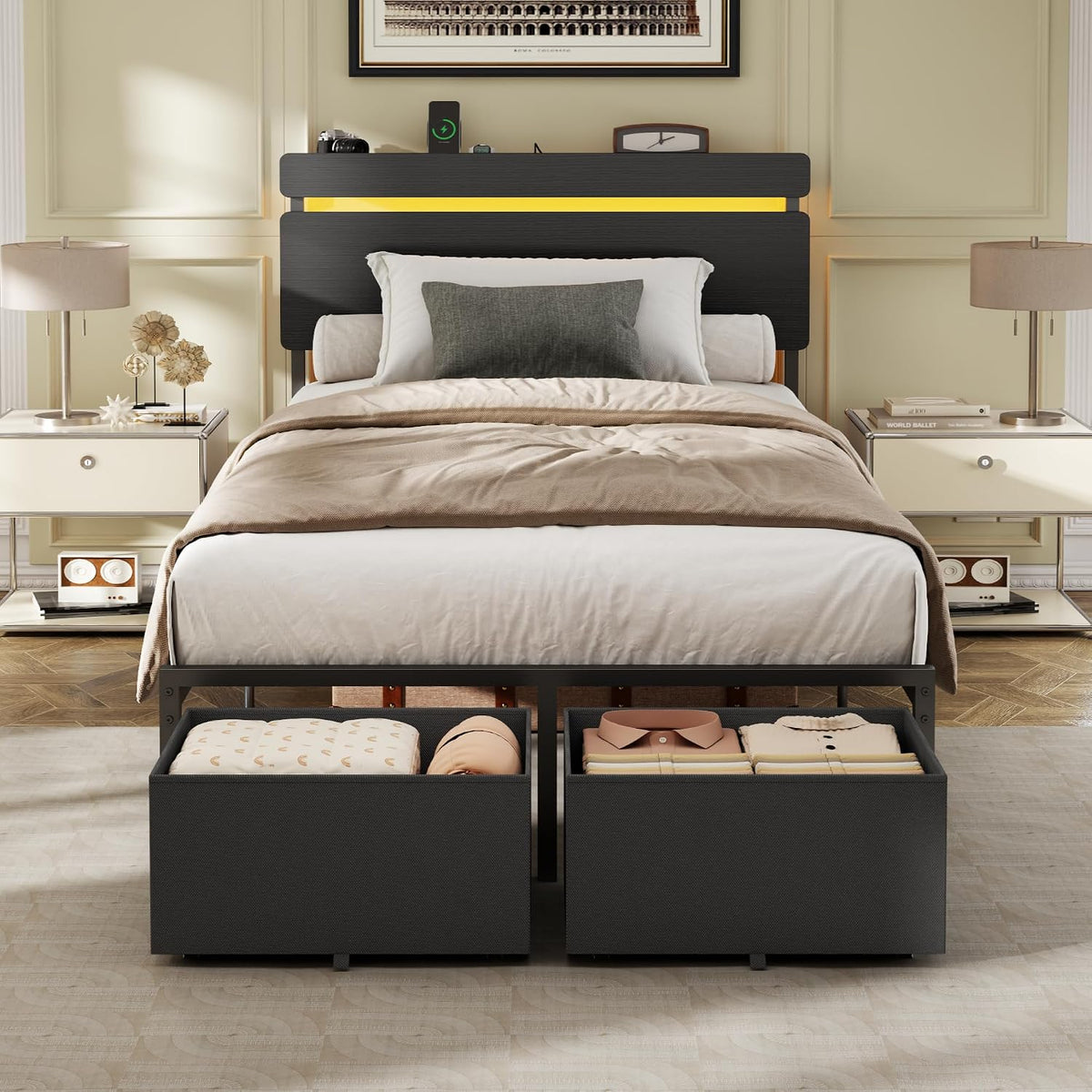 Twin Bed Frame with Wood Headboard,2 Storage Drawers & Shelf Built-in Charging Station & LED Lights, Metal Support, No Box Spring Needed, noise-free, easy assembly, Smart RGB, USB+Type-C,Black