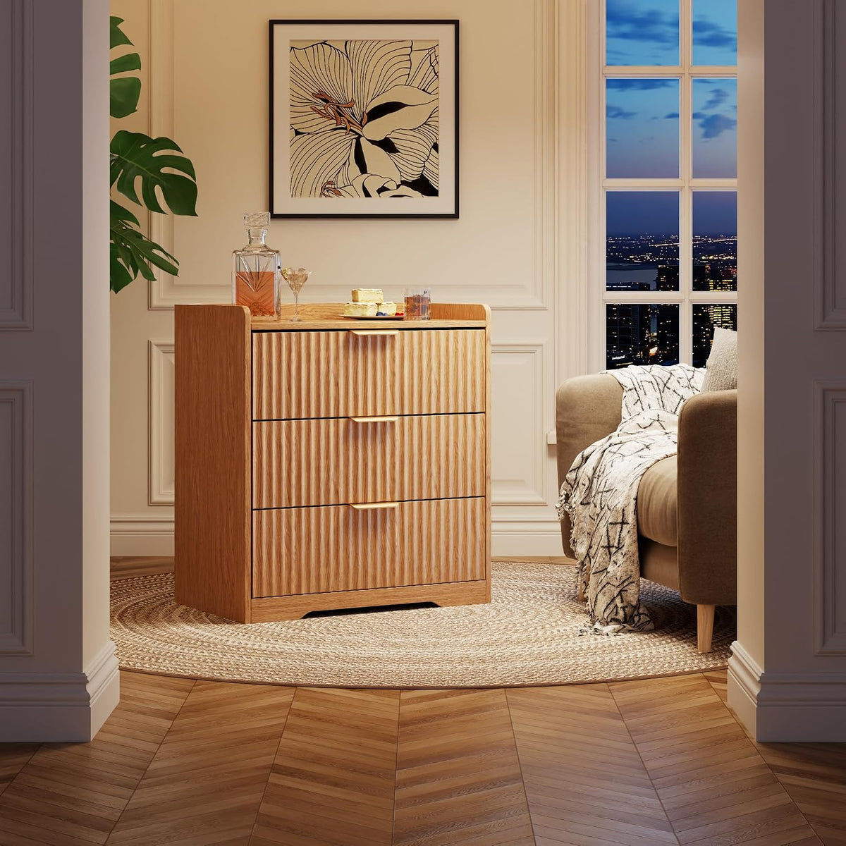 Fluted 3 Drawer Bedroom Dressers Set of 2, 24"W x 26"H, Natural Oak | Wooden chests of drawers with metal handles, smooth-gliding drawers, anti-drop panels and anti-tip kits for living room