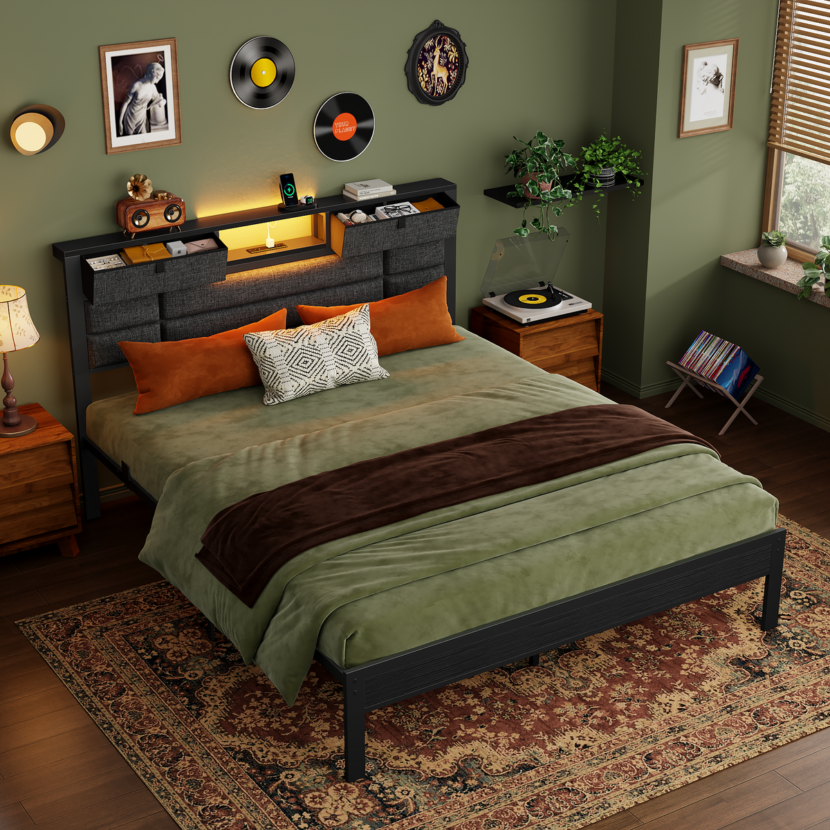 Queen Bed Frame with Storage Headboard, Black Platform Bedframe