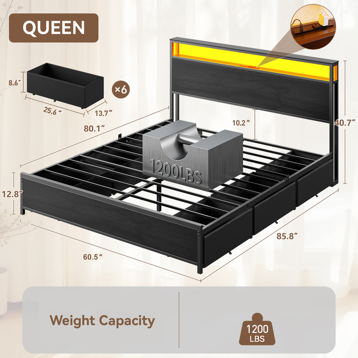 Forestell Queen Bed Frame with Headboard & 6 Drawers, Metal Platform Bed Frame Queen Size with LED Lights & Charging Station, 2 Tier Shelf Storage Bedframe-No Box Spring Needed, Noise Free, Black