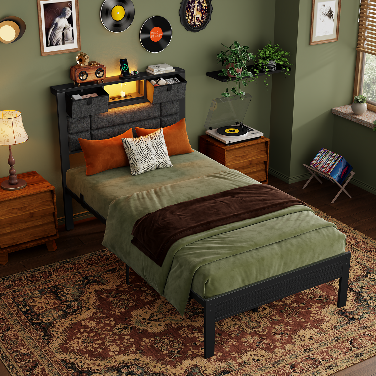Twin Bed Frame with Storage Headboard, Black Platform Bedframe
