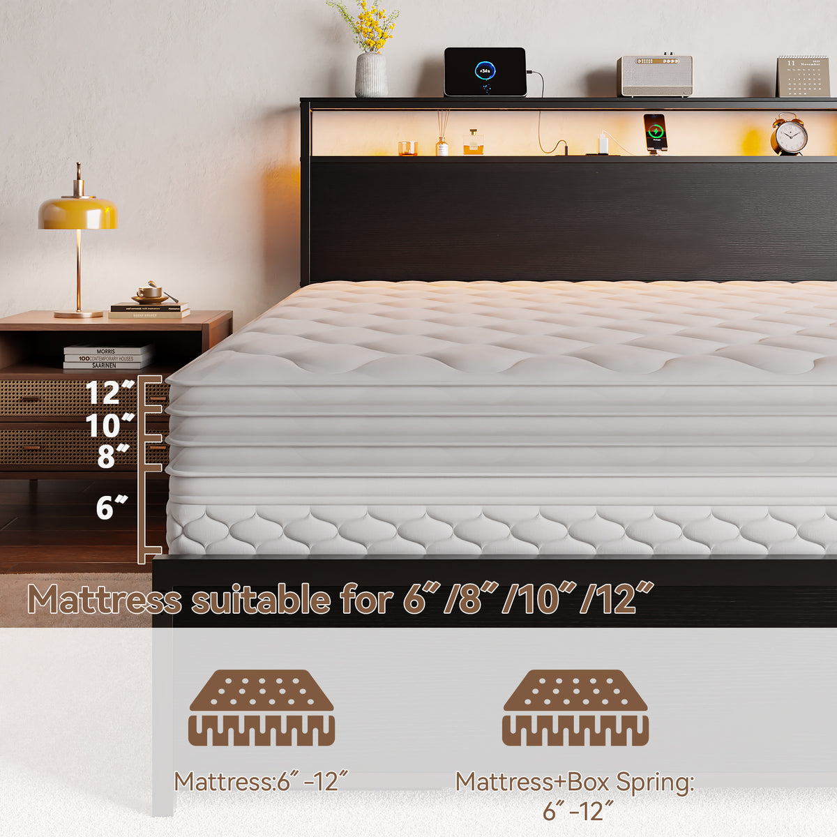 Forestell Full Size Bed Frame with Storage Headboard & 6 Drawers, Metal Platform Bed Frame with LED Lights & Charging Station, 2 Tier Shelf Storage Bedframe, No Box Spring Needed, Noise Free, Black