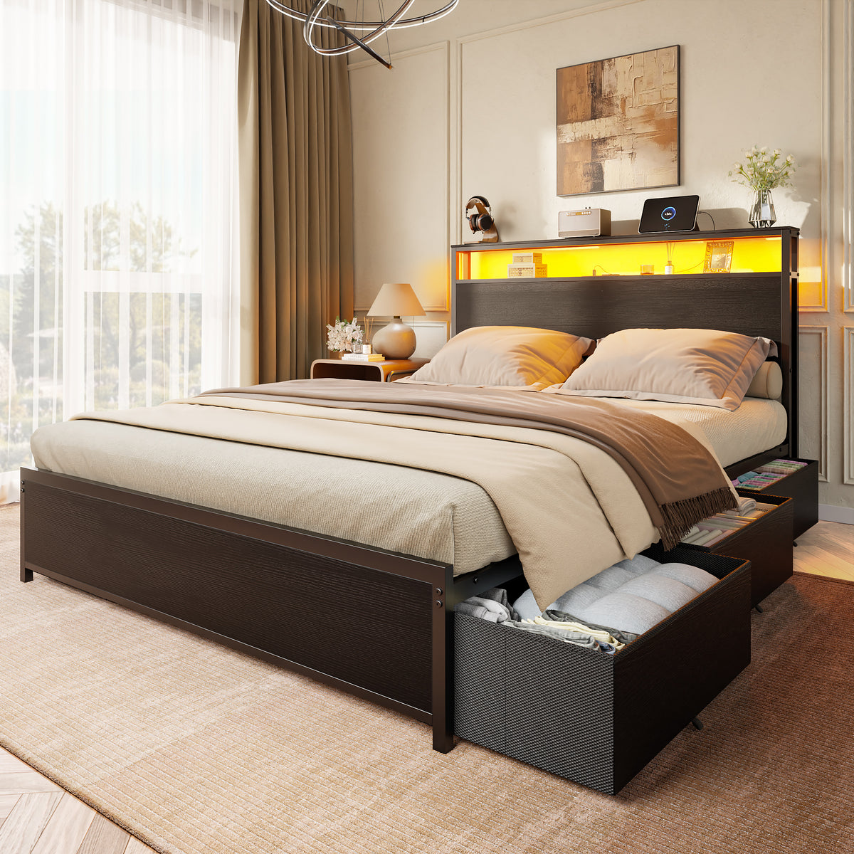 Forestell Full Size Bed Frame with Storage Headboard & 6 Drawers, Metal Platform Bed Frame with LED Lights & Charging Station, 2 Tier Shelf Storage Bedframe, No Box Spring Needed, Noise Free, Black