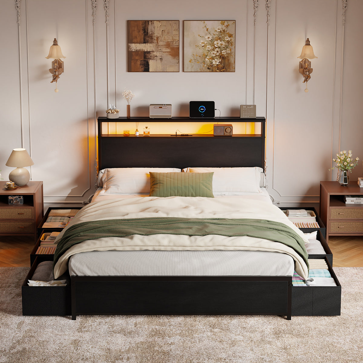 Forestell Full Size Bed Frame with Storage Headboard & 6 Drawers, Metal Platform Bed Frame with LED Lights & Charging Station, 2 Tier Shelf Storage Bedframe, No Box Spring Needed, Noise Free, Black