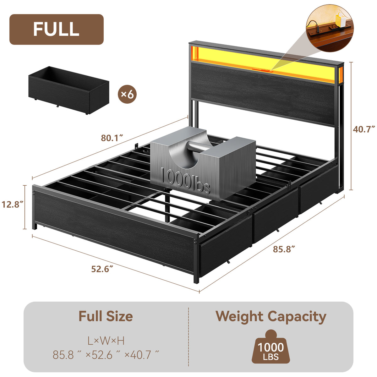 Forestell Full Size Bed Frame with Storage Headboard & 6 Drawers, Metal Platform Bed Frame with LED Lights & Charging Station, 2 Tier Shelf Storage Bedframe, No Box Spring Needed, Noise Free, Black