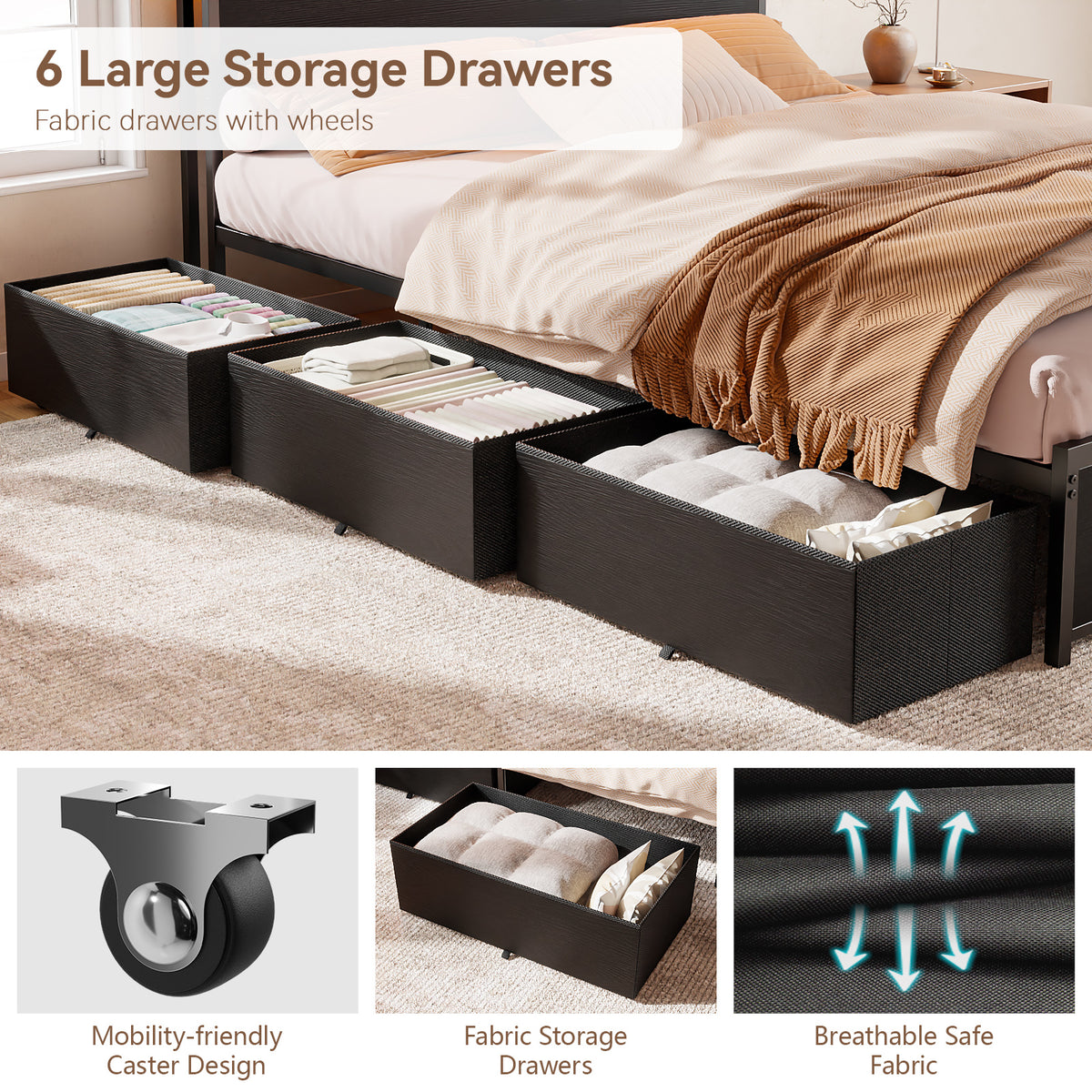 Forestell Full Size Bed Frame with Storage Headboard & 6 Drawers, Metal Platform Bed Frame with LED Lights & Charging Station, 2 Tier Shelf Storage Bedframe, No Box Spring Needed, Noise Free, Black