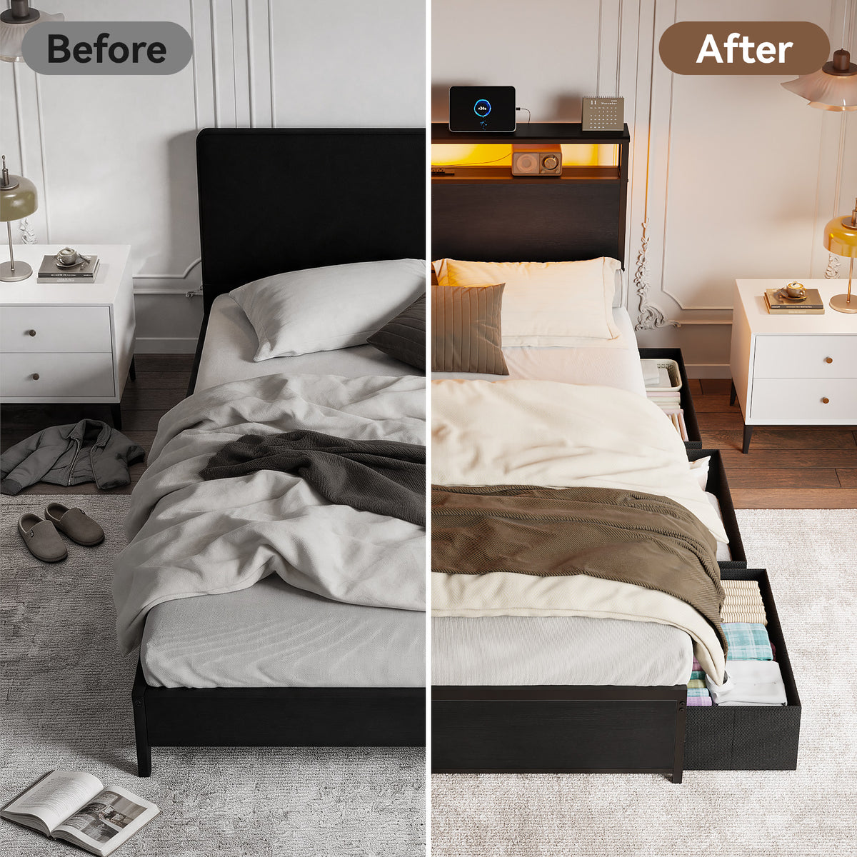 Forestell Full Size Bed Frame with Storage Headboard & 6 Drawers, Metal Platform Bed Frame with LED Lights & Charging Station, 2 Tier Shelf Storage Bedframe, No Box Spring Needed, Noise Free, Black