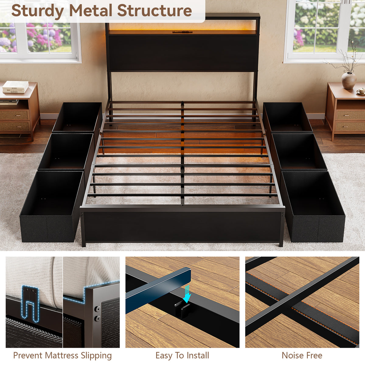Forestell Full Size Bed Frame with Storage Headboard & 6 Drawers, Metal Platform Bed Frame with LED Lights & Charging Station, 2 Tier Shelf Storage Bedframe, No Box Spring Needed, Noise Free, Black