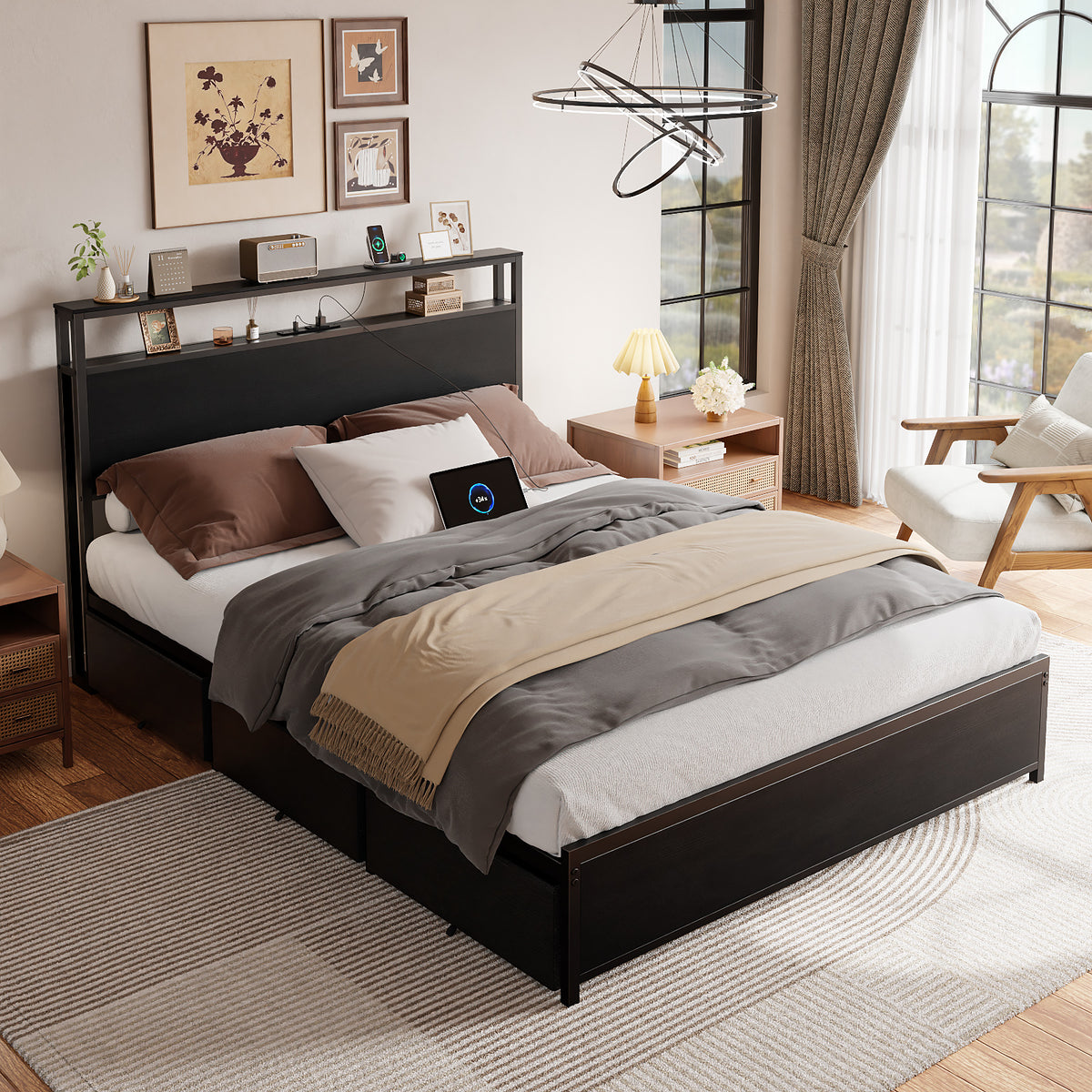 Forestell Full Size Bed Frame with Storage Headboard & 6 Drawers, Metal Platform Bed Frame with LED Lights & Charging Station, 2 Tier Shelf Storage Bedframe, No Box Spring Needed, Noise Free, Black